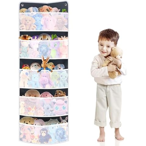Soft Corner Shelf- Corner Toy Storage Organizer- Wall Mount Storage- Child-Friendly Handing Organizer for Kid's Toys, Stuffed Animals, Sundries, Diapers, for Kids Bedroom 5 Large Mesh Pockets Cover