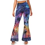 ELEDIZI Galaxy Tropical Pants for Women Flared Printed Yoga Pants for Women Plus Size Butt Lifting Flare Leggings Bell Bottom Pants for Women High Waisted Front Slit Yoga Pants for Women Gym,Size L