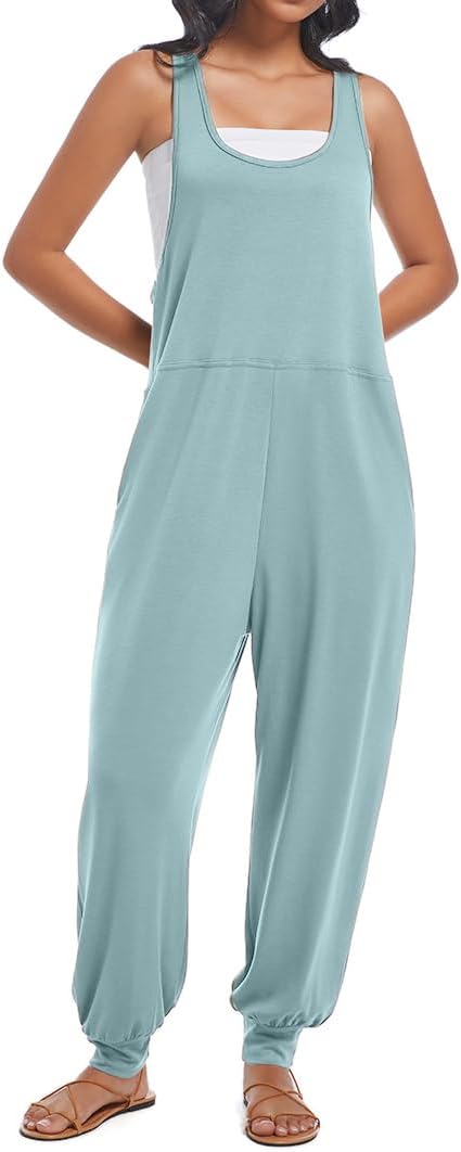 Women's Summer U Neck Jumpsuit Casual Sleeveless Overalls Loose Long Pants Comfortable Rompers with Pockets - Image 2
