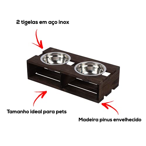 Comedouro Para Gatos Cachorros Pets em Madeira Tigela Inox Tamanho M