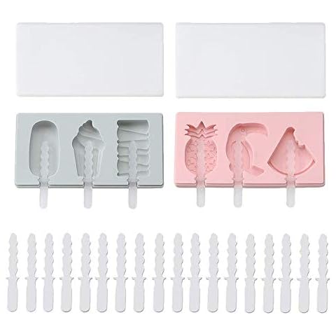 Ice Cream Mould with Cover, 2PCS Silicone DIY Popsicle Mold, Homemade Handmade Ice Lolly Makers Frozen Purees Moulds (2pack+28pcs Sticks) (fruit 2pc) Cover