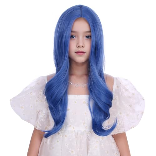 Edivd Girls Dark Blue Wig Kids Long Deep Blue Wavy Curly Wig Child Middle Part Wigs Heat Resistant Synthetic Hair with Cap