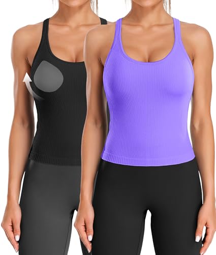 Image of ATTRACO Ribflex Ribbed Workout Crop Tops with Built in Bra for Women Yoga Racerback Tank Top Slim Fit
