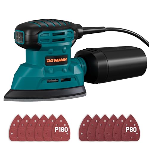 DOVAMAN 130W Detail Sander, 12000RPM Palm Sander Tool, Dust Collection System, 12PCS Sandpaper, Compact Hand Tool for Wood Steel Surfaces