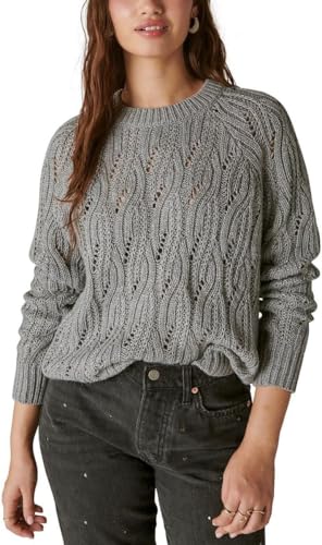 LUCKY Brand Women’s Shine Cable Knit Crewneck Sweater Medium Heather
