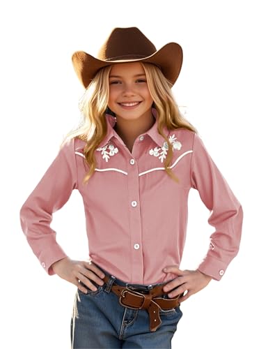 Girls Retro Long Sleeve Button Down Shirts Cowgirl Western Shirt Embroidery Blouse Tops3