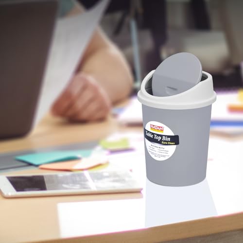 Image of RATAN PLASTICWARE Euro Clean Table Top Medium Dustbin with Swing Lid for Study Table, Desk, Kitchen Sink, Car, Kids Room | Compact and Stylish Waste Storage Garbage Bin - 2 Litre, Grey