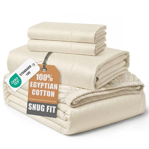 Image of LANE LINEN King Bed Sheet Set 100% Egyptian Cotton Sateen - Ivory | King Size Cotton Sheets - 4-Piece Set, For A Luxurious Night's Sleep, For Guests And Everyday Use, Luxe Sheen,