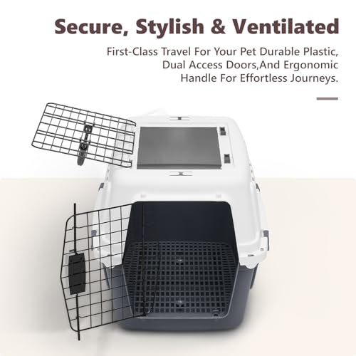 Athena Collection 22" Hard-Sided Travel Pet Carrier for Small Dogs and Cats, Plastic Dog Crate with 2-Door Top & Front Load, Ventilation, Security Lock, Cat Dog Carrier for Pet, up to 22lbs, Grey - Thumbnail 4