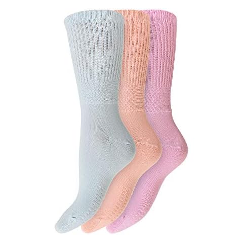 Ladies Non Elastic Diabetic Socks 4-8 Hand Linked Toe Seam 80% Cotton Soft Extra Wide Top Grip (Pack of 3) (4-8, Assorted) (Pastels) Cover