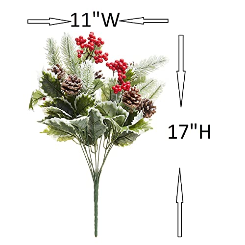 Admired By Nature Gpb7811-Snow Artificial Holly Leaves, Mixture Of Red Berries, And Pinecone Snow Bush For Christmas Holiday Home Decorating Floral Arrangement. #TOP2
