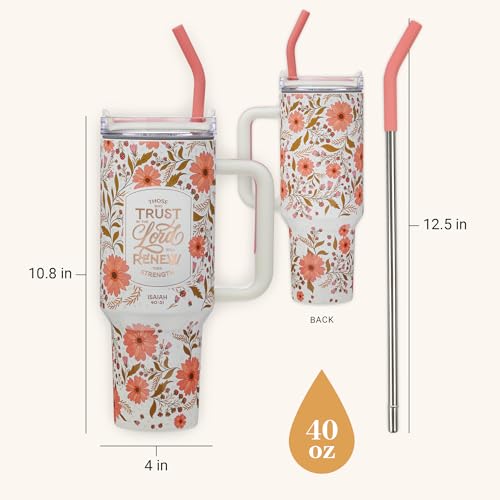 Image of Christian Art Gifts 40 oz Tumbler for Women: Trust in the Lord Bible Verse, Stainless Steel, Insulated Travel Mug with Lid, Reusable Straw & Flex Tip, White & Pink Floral, Encouraging Gift for Women