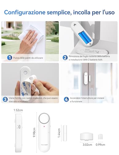 Tecknet Allarme Casa, Allarme Antifurto Wireless, Controllo Del Volume A 3 Livelli E Allarme Led, Facile Da Installare, Sirena Con 3 Modalità Di Funzionamento Per Garage/Appartamento/Hotel (6 Pz) - 6