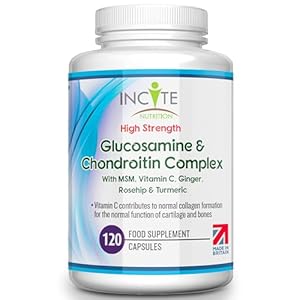 Glucosamine en chondroïtine complex met hoge sterkte met MSM, vitamine C, gember, rozenbottel en kurkuma – 120 premium capsules gewrichtsverzorgingssupplementen gemaakt in het VK door Incite Nutrition