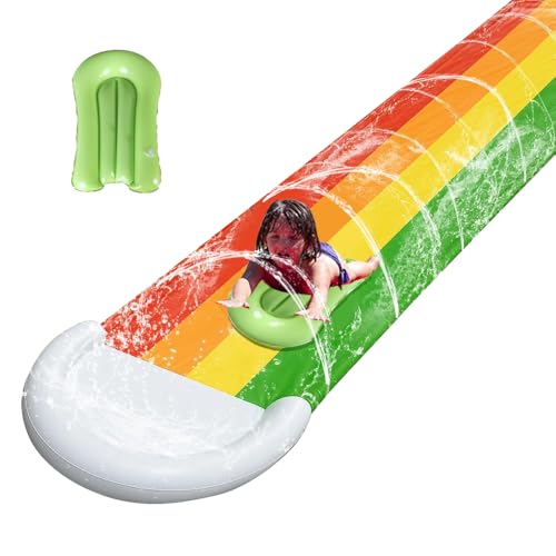 KBIBCK 15.7ft/480cm Water Slide, Lawn Water Slides for Kids with 1 Racing Lanes and 1 Body Boards, Slip and Slide Water Slide, Water Slide Mat, Single Slip Water Slide with Sprinkler for Kids, Adults
