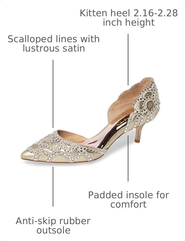 Image of XYD Women's Pumps, Elegant Pointed Toe, D'Orsay Kitten Low Heels, Rhinestone Studs, Slip-On Satin Shoes for Wedding