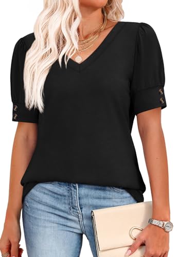 Image of OFEEFAN Womens Tops Short Sleeve Shirts Buttons V Neck Spring Fashion Summer Outfits Plus Size Blouses Dressy Casual