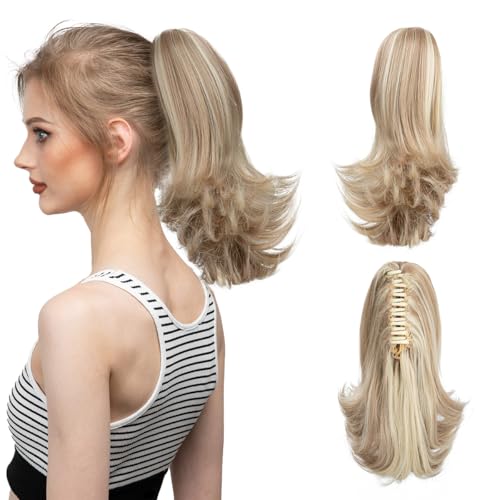 CJL HAIR Short Claw Clip Bonde Ponytail Hair Extension Drawstring Fake Hairpiece Curly Synthetic Faux Jaw Updo Wavy Pony Tails 12" Heat Friendly Fiber Hair Piece for White Women Girls Kids