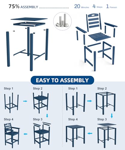 Image of Domi HDPE Adirondack Patio Table and Chairs Set of 3, Adirondack bar Height Outdoor Table and Chairs, All-Weather HDPE Outdoor Bar Set for Poolside, Patio, Backyard, Navy Blue