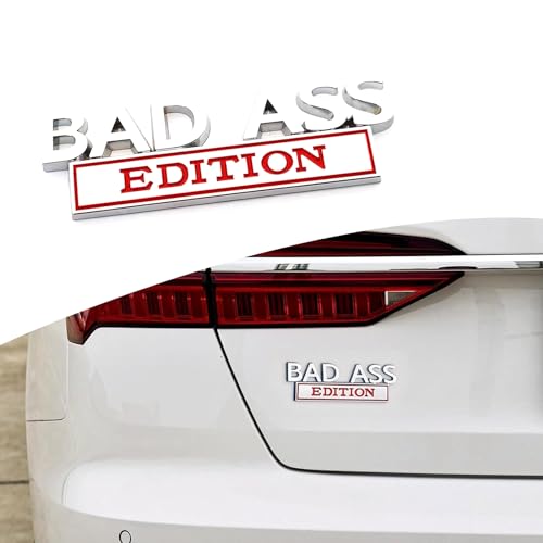 Image of 1 PC Car Fender Badge Sticker, 3.93 inch x 1.33 inch Self-Adhesive Bad Ass Edition Tailgate Front Grille Hood Sticker, Car Decorative Modification Accessory, for Most Car Models (Silver & Red)