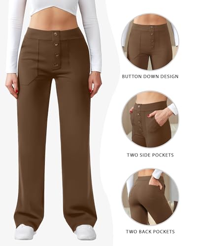 Friptspyg Hose Damen Hohe Taille Weite Hose Knopf Gerades Bein Hose Casual Arbeit Hose Stretch Yogahose mit Taschen, Braun M