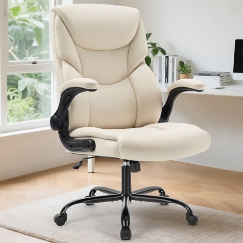 Sweetcrispy Ergonomic Office Chair Heavy Duty Task Desk Gaming Chair with Flip-up Arms, PU Leather, Adjustable Swivel Rolling Chair with Wheels,Cream White