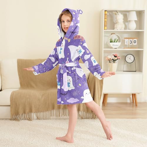 Bath Robe Kids Girls Purple Bat Halloween Print Hooded Bathrobe For Girls3