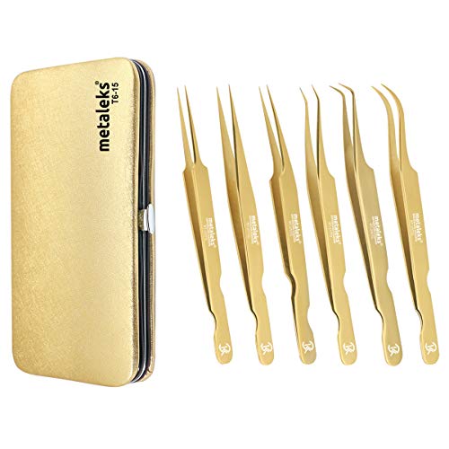 6PCS -12CM Professional Eyelash Extesnion Tweezers In Japanese Stainless Steel (Golden Titanium Coated)