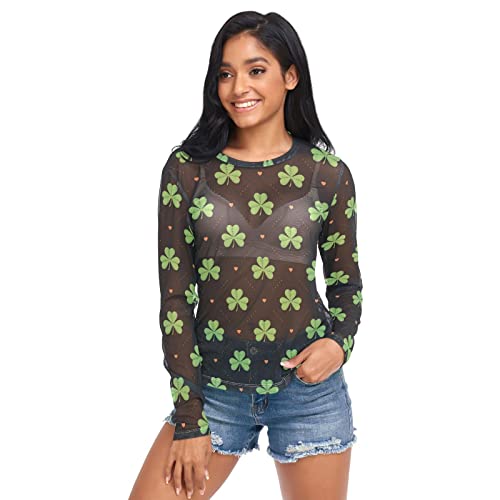 JHKKU See Through Tops Mesh Long Sleeve Tee Heart Shamrock for