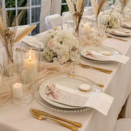 Image of Blue Orchards Beige Plastic Table Cover (Pack of 3 with 20 Glue dots) - 54 inch x 108 inch - Beige Waterproof & Disposable Tablecloth, Neutral Boho Chic Decor for Wedding, Wedding Decoration, Party Supplies