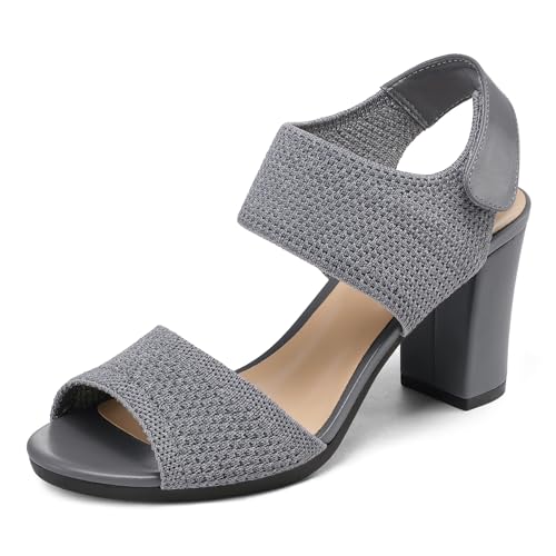 Image of mysoft Women's Chunky Block High Heels Slingback Open Toe Heeled Sandals | Casual Wide Width Fit, 3.3 Inch Heel, Elastic Knit Upper, Hook-And-Loop Atrap, Non-Slip Sole, Wedding Party Dress Shoes