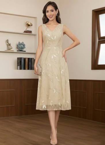 Image of 2 Pieces Mother of Bride Dresses with Jackets - Sequin Lace Chiffon A-Line Tea Length Formal Evening Dresses for Women