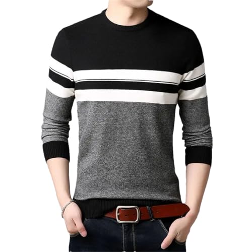 Men's Round Neck Casual Sweater Solid Color Striped Patchwork Long Sleeve Knit Top3