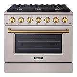 Akicon 36" Slide-in Freestanding Professional Style Gas Range with 5.2 Cu. Ft. Oven, 6 Burners, Convection Fan, Cast Iron Grates, & Blue Porcelain Oven Interior, In Stainless Steel with Gold