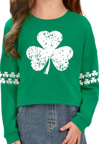 BesserBay Girls St.Patrick's Irish Clover Long Sleeve Shirt Shamrock Print Crop Tops 6-14 Years