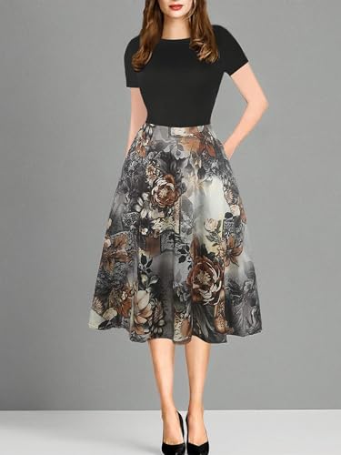 Image of oxiuly Women Casual Dress Round Neck Soft Cotton Floral A-Line Midi Summer Dresses with Pockets OX262