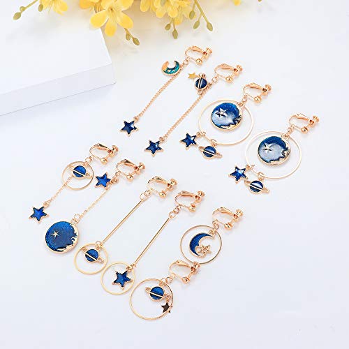 Sailimue 5Pairs Clip On Earrings Dangle Set For Women Teen Girls Cute Moon And Star Earrings Non Pierced Ear Clip Saturn Earrings #TOP6