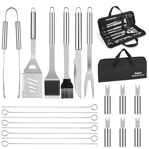 Anpro Grilling Accessories Grill Kit- Grill Set, Grilling Utensil Set, BBQ Accessories, BBQ Kit, BBQ Grill Tools, Grilling Gifts for Father's Day, Smoker, Camping, Kitchen,21 PCS-Standard Silver