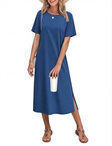 Ekouaer Long Nightgowns for Women Cotton Night Gowns Short Sleeve Sleepwear Sleep Shirts Blue