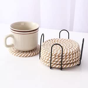 TIED RIBBONS Set of 6 Coasters with Holder (Cotton, 4inch) - Woven ...