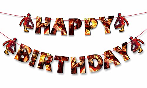 "Flsh Happy Birthday Banner – Superhero Theme Party Decoration for Boys and Girls – Vibrant Lightning Bolt Design Hanging Banner for Birthday Celebrations, Comic Hero Parties, and Photo Backdrops"