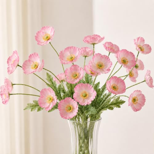 Image of CURATED CART Artificial Poppy Flowers - 2PCS 70cm Real Touch Silk Stems with 4 Blooming Heads - Pink Fake Flowers for Home Decor, Wedding Centerpieces, Table Arrangements, Party Decorations (No Vase)