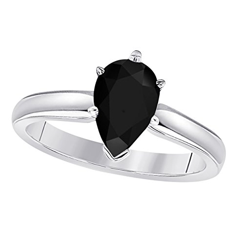 Jewelryhub 14k White Gold Plated Sterling Silver Pear Cut Created Black CZ Diamond CZ Solitaire Engagement Ring 1.75 CTW for Womens