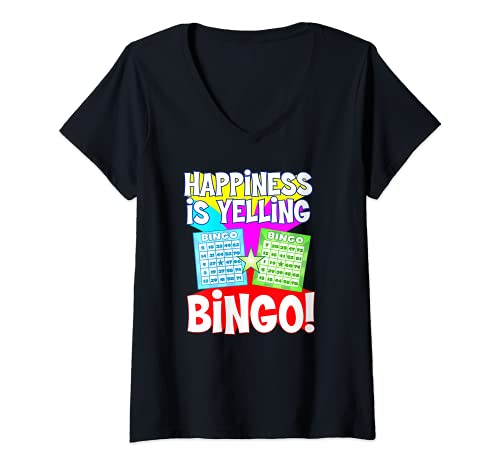 Womens Funny Bingo Queen - Happiness is Yelling Bingo! T-Shirt V-Neck T-Shirt, Black