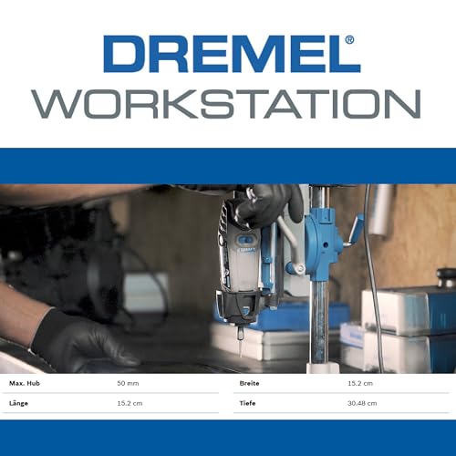 Dremel 220 Bohr-und Werkzeugständer für Multifunktionswerkzeug Stationäre Arbeite Vertikal oder im Winkel Bohren, Einstellbar in 15-Grad-Schritten, Integrierter Teleskop-Werkzeugständer