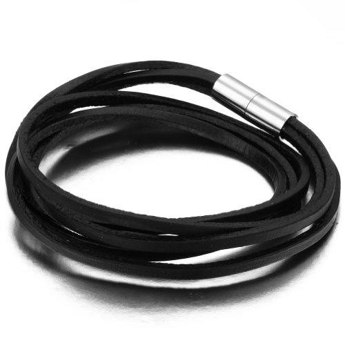 JewelryWe Lederarmband Herren Damen Magnetverschluss: Schwarz Mehrschichtig geflochten Leder Armband Armreif Wickelarmband Surferarmband mit Magnet Verschluss 7mm Breite 30cm