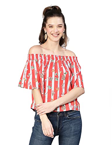 Image of oxolloxo Women Stripe & Floral Digital Print Off -Shoulder Polyester Top