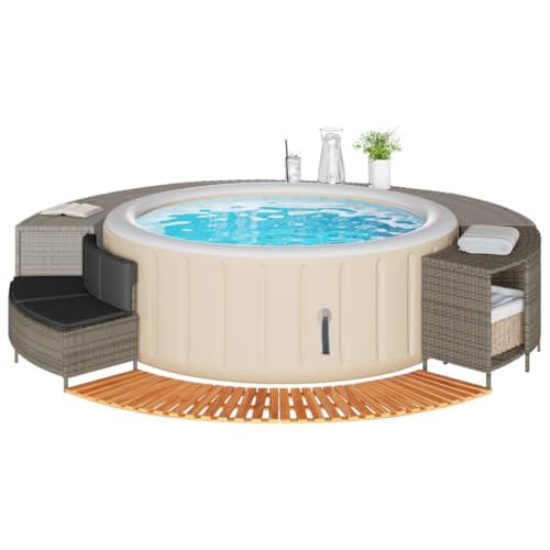 Gecheer Whirlpool-Umrandung Grau Poly Rattan und Massivholz Akazie