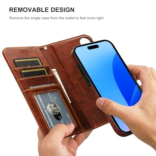 Bocasal Detachable Wallet Case for iPhone 16 Plus RFID Blocking Card Slots Holder Premium PU Leather Magnetic Kickstand Shockproof Wrist Strap Removable Flip Protective Cover 5G 6.7 inch (Brown) by Bocasal - Used condition - Image 3
