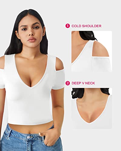 CLOZOZ Womens Sexy Tops Crop Tops for Women V Neck Shirts Short Sleeve Crop Top Cold Shoulder Tops Fitted Going Out Tops - Image 5